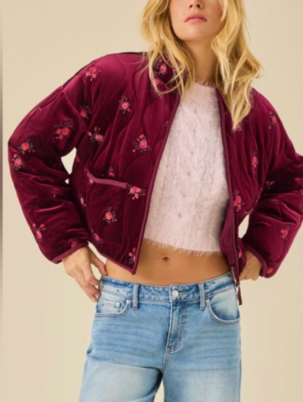 Altar'd State Burgundy Velvet Quilted Floral Jacket - Picture 3 of 8
